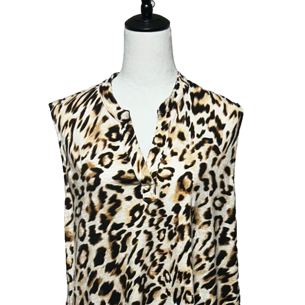 Chicos Animal‎ Print Sharkbite Hem Top Womens XL 3 Brown Split V Neck Tunic